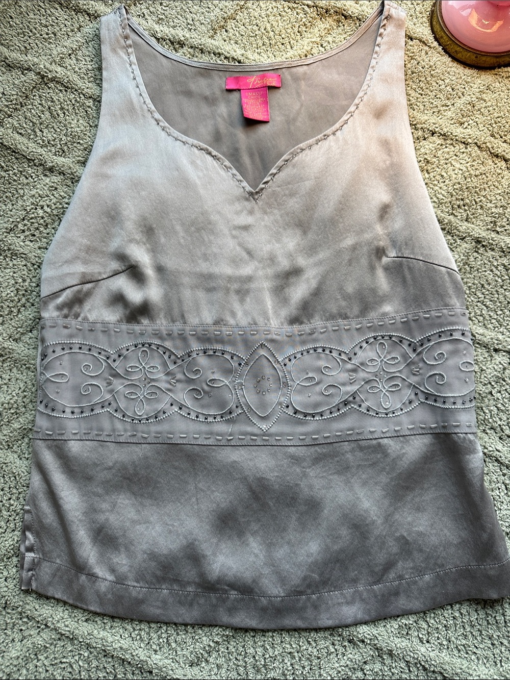 Thalia Sodi Silver Beaded Embroidered V-Neck Camisole